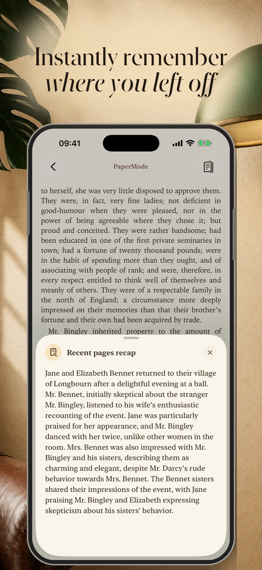 PaperMode's Recent pages recap sheet summarising the preceding pages of Pride and Prejudice.