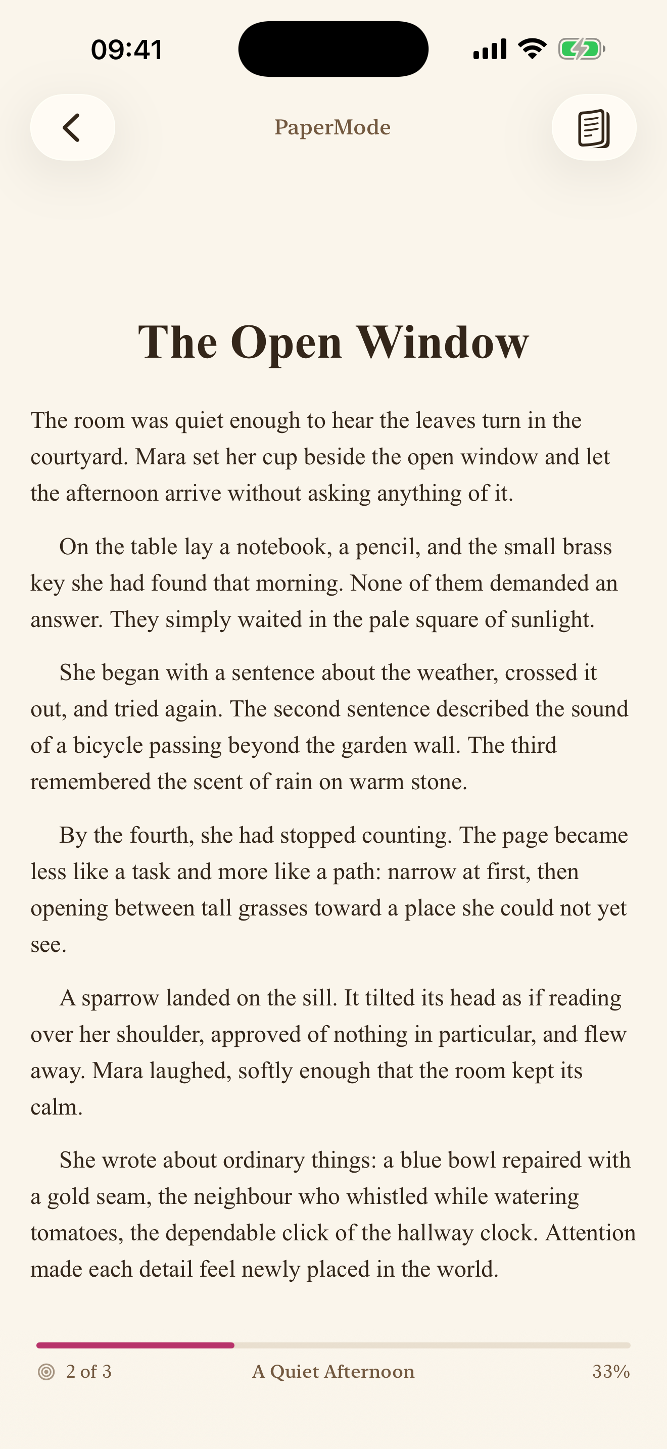 PaperMode's reading screen, showing The Open Window with a warm paper background and reading progress.